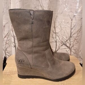 UGG Women's Soft Gray Leather Wedge Boots- Waterproof